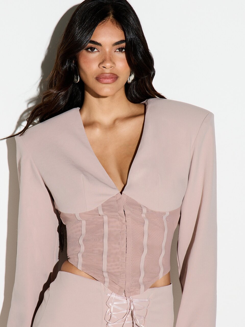 KIZN Cropped Blazer With Mesh Corset Waist And Deep V-Neckline