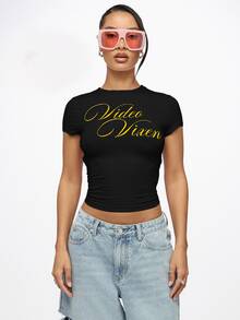 SUMWON WOMEN Video Vixen Gold Script Graphic Crop Top Short Sleeve Round Neck Fitted Cotton Slim Fit Tee Summer Festival Concert Party - Black - View 10