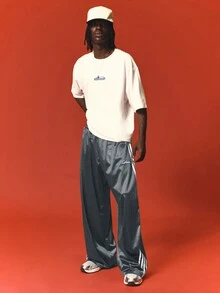 SUMWON Wide Leg Satin Track Pants With Contrast Side Stripe Detail And Script Logo Embroidery Elasticated Waist Relaxed Fit - Light Grey - View 3