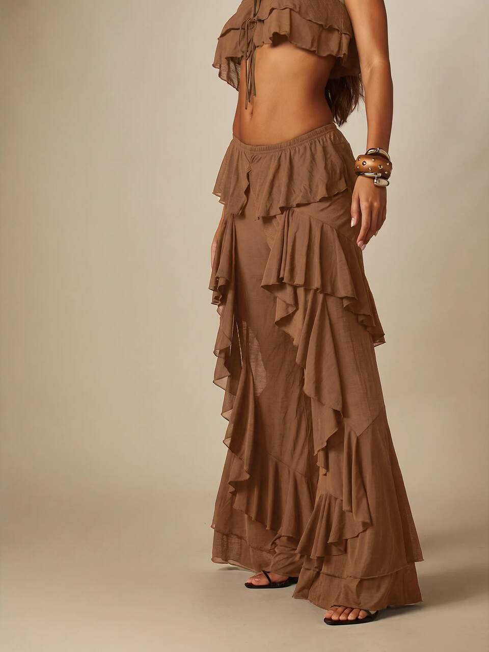 MISSGUIDED Ruffle Wide Leg Flare Pants With Tiered Cascading Frills Low Rise Elastic Waist Semi Sheer Festival Beach Holiday Summer Boho