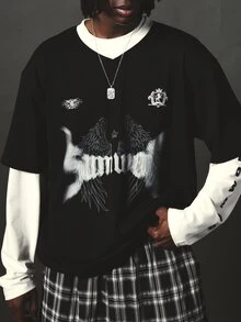 SUMWON Gothic Wings Crown Graphic Boxy Crew Neck Short Sleeve T-Shirt With Heraldic Badge Emblem Print Street Style Drop Shoulder Tee - Black - View 5