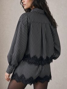 Rouah Women's Office Siren Tailored Set, Striped Long Sleeve Contrast Lace Shirt And Shorts Set - Autumn Set, Summer Set, 2 Piece Set For Vacay, 2 Piece Autumn Set, Smart Casual Set, Tailored Co-Ord, Tailoring Set, Pin Stripe Outfit, Lace Hem Trim Short Set, Officewear, Bach To School, Back To The Office, Work Wear, Office Outfit. Fall Clean Girl Aesthetic. - Blue and White - View 2