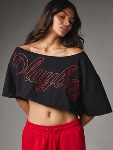 Missguided x Playboy Off-Shoulder Oversized Crop T-Shirt With Script Logo Print Front Summer Festival Statement Top - Black - View 2