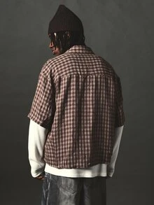 SUMWON Oversized Plaid Short Sleeve Button-Up Shirt With Dragon Graphic Print And Brand Logo Detail Fall Street Style - Brown - View 2