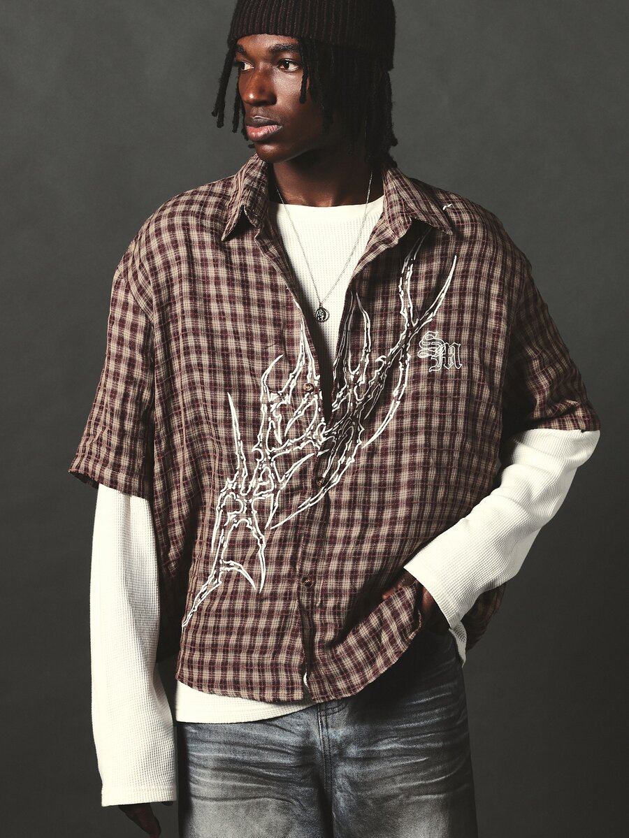 SUMWON Oversized Plaid Short Sleeve Button-Up Shirt With Dragon Graphic Print And Brand Logo Detail Fall Street Style - Brown - View 1