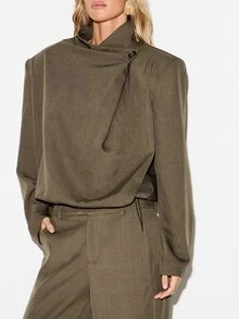 KIZN Oversized Draped Blazer With Asymmetric Wrap Collar And Single Button Closure Structured Shoulder Tailored Jacket For Fall Winter - Coffee Brown - View 4