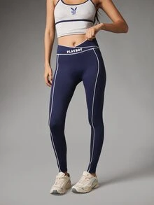 Missguided x Playboy High Rise Full Length Leggings With Contrast White Piping And Logo Waistband Crossover Detail Seamless Stretch - Blue - View 1