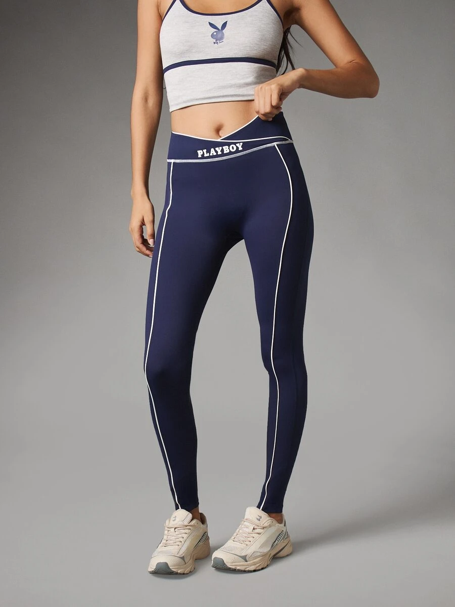 Missguided x Playboy High Rise Full Length Leggings With Contrast White Piping And Logo Waistband Crossover Detail Seamless Stretch - Blue - View 1