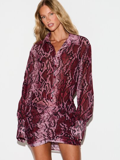 KIZN Snake Print Oversized Mini Shirt Dress With Long Sleeves Collared Neckline And Button Front Closure Summer Party Holiday