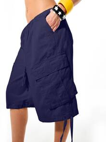 SUMWON WOMEN Cargo Bermuda Shorts With Elastic Waist Drawstring Tie Hem Side Pockets Holiday Casual Cropped - Navy Blue - View 2