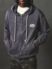 SUMWON Washed Full-Zip Hoodie With Oval Logo Patch, Oversized Long Sleeve Hooded Sweatshirt With Side Pockets And Cream Drawstring - Grey - View 5