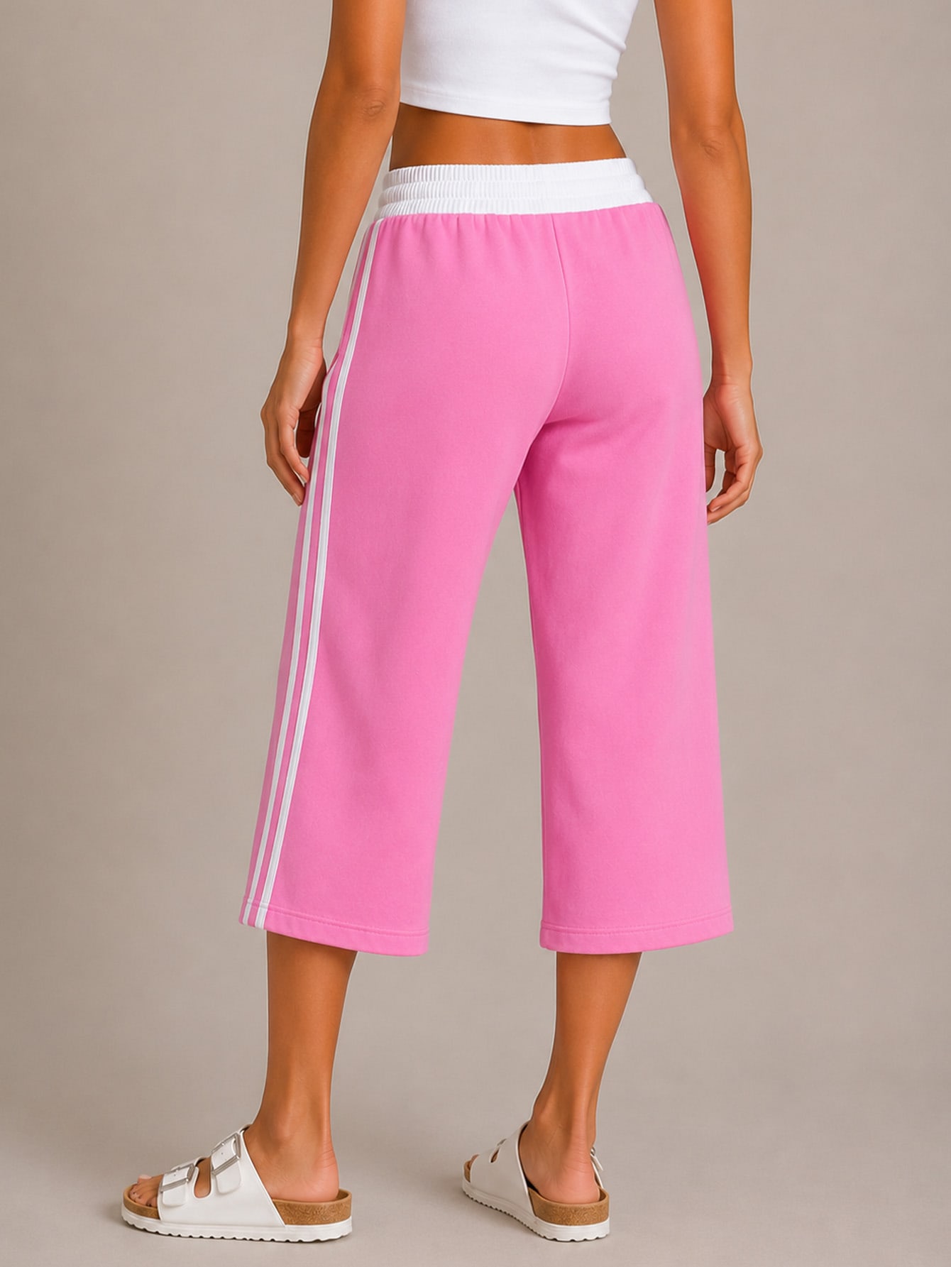 Bubblegum Pink Contrast Waist Capri Culottes Sweatpants Relaxed Vacation, view 4