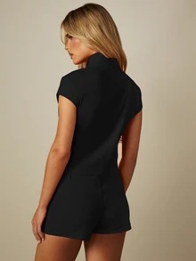 MISSGUIDED Mock Neck Cap Sleeve Fitted Blazer Top With Asymmetric Lapel Detail And Seam Detailing - Black - View 2
