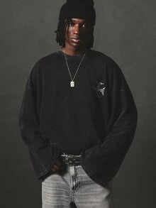 SUMWON Oversized Long Sleeve Crew Neck Tee With Gothic Blackletter Brand Logo Chest And Back Graphic Print Washed Finish Drop Shoulder - Black - View 2