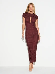 KIZN Ruched Mesh Bodycon Midaxi Dress With Cap Sleeve High Neck And Keyhole Cut-Out Detail For Party Evening - Brown - View 5