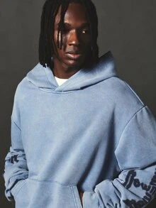 SUMWON Oversized Washed Hoodie With Gothic Script Back And Sleeve Print Pullover Sweatshirt Fall Winter Streetwear - Blue - View 5