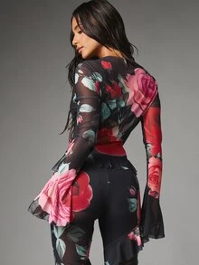MISSGUIDED Sheer Mesh Floral Rose Print Long Bell Sleeve Crew Neck High-Low Ruffle Hem Blouse Top Valentine Date Night Party - Multicolor - View 2