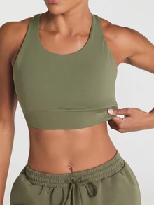 11SKNDS Racerback Sports Bra With Cut-Out Back Detail Scoop Neckline Padded Cups And Wide Elastic Band Sweat-Wicking, Stretchy, Breathable, Buttery-Soft & Low Impact Support, For Gym Workout Fitness Yoga Pilates Studio Summer, Running, Training & Hy-Rox - Army Green - View 2