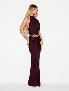 KIZN Ruched Bodycon Maxi Skirt With Gold Metal Brooch Detail And Draped Overlay For Evening Party Occasion - Red - View 3