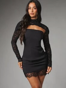 MISSGUIDED Black Lace Sleeve Bodycon Mini Dress High Neck Open Back Sheer Panel Lace Trim Holiday Party Night Out - Black - View 1