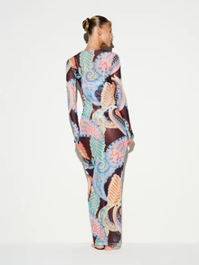 KIZN Paisley Print Mesh Dress Long Sleeve Crew Neck Bodycon Sheer Semi Transparent Summer Holiday Evening Gown - Multicolor - View 2