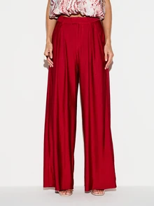 KIZN Satin Wide Leg Palazzo Pants High Rise Pleated Dress Trousers Holiday Party Evening Formal Full Length Side Pockets - Red - View 1