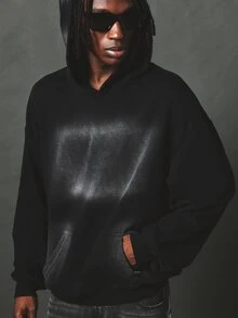 SUMWON Oversized Washed Effect Pullover Hoodie With Centre Pocket Relaxed Fit Casual Fleece Top Fall Winter - Black - View 5