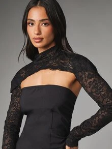 MISSGUIDED Black Lace Sleeve Bodycon Mini Dress High Neck Open Back Sheer Panel Lace Trim Holiday Party Night Out - Black - View 5