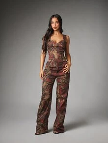 MISSGUIDED Sweetheart Neck Sleeveless Corset Top With Mixed Animal Leopard Floral Print Back Zip Closure Fitted Crop Style Perfect For Date Night Fall Winter - Multicolor - View 3