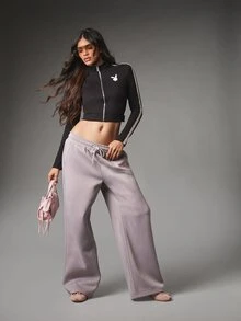 Missguided x Playboy Bunny Logo Cropped Track Top Full Zip High Neck Long Sleeve Contrast Side Stripe Detail Fitted Crop Jacket - Black - View 2