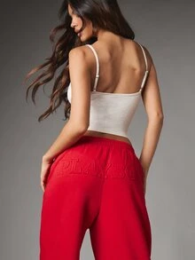 Missguided x Playboy Wide Leg Sweatpants With Embossed Logo Waist Casual Loose Fit Full Length Drawstring Jogger Pants - Red - View 3