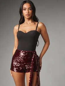 MISSGUIDED Sequin High Rise Mini Hot Pants With Side Tie Detail Sparkle Party Festive Holiday Night Out New Year Eve Shorts - Burgundy - View 5