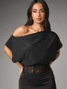 MISSGUIDED Off-Shoulder Satin Batwing Blouse With Sheer Lace Corset Waistband Detail Perfect For Party And Night Out - Black - View 1
