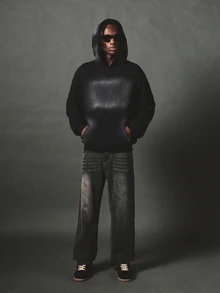 SUMWON Oversized Washed Effect Pullover Hoodie With Centre Pocket Relaxed Fit Casual Fleece Top Fall Winter - Black - View 3