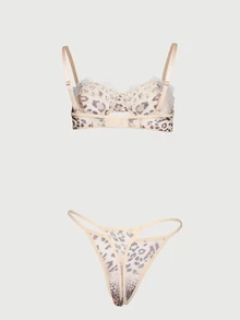 KIZN Leopard Print Balconette Bra And Thong Lingerie Set With Lace Trim Detail And Adjustable Straps Valentine's Day Intimate Gift - Multicolor - View 2