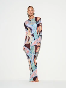 KIZN Paisley Print Mesh Dress Long Sleeve Crew Neck Bodycon Sheer Semi Transparent Summer Holiday Evening Gown - Multicolor - View 3