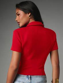 MISSGUIDED Double-Breasted Short Sleeve Blazer Jacket With Spread Collar Structured Fitted Waist Curved Hem Holiday Party - Red - View 5