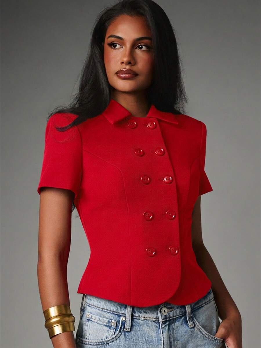 MISSGUIDED Double-Breasted Short Sleeve Blazer Jacket With Spread Collar Structured Fitted Waist Curved Hem Holiday Party - Red - View 1