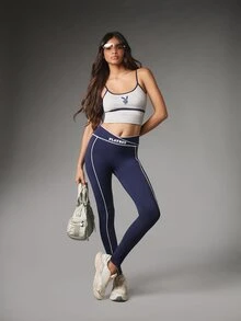 Missguided x Playboy High Rise Full Length Leggings With Contrast White Piping And Logo Waistband Crossover Detail Seamless Stretch - Blue - View 4
