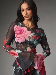 MISSGUIDED Sheer Mesh Floral Rose Print Long Bell Sleeve Crew Neck High-Low Ruffle Hem Blouse Top Valentine Date Night Party - Multicolor - View 1