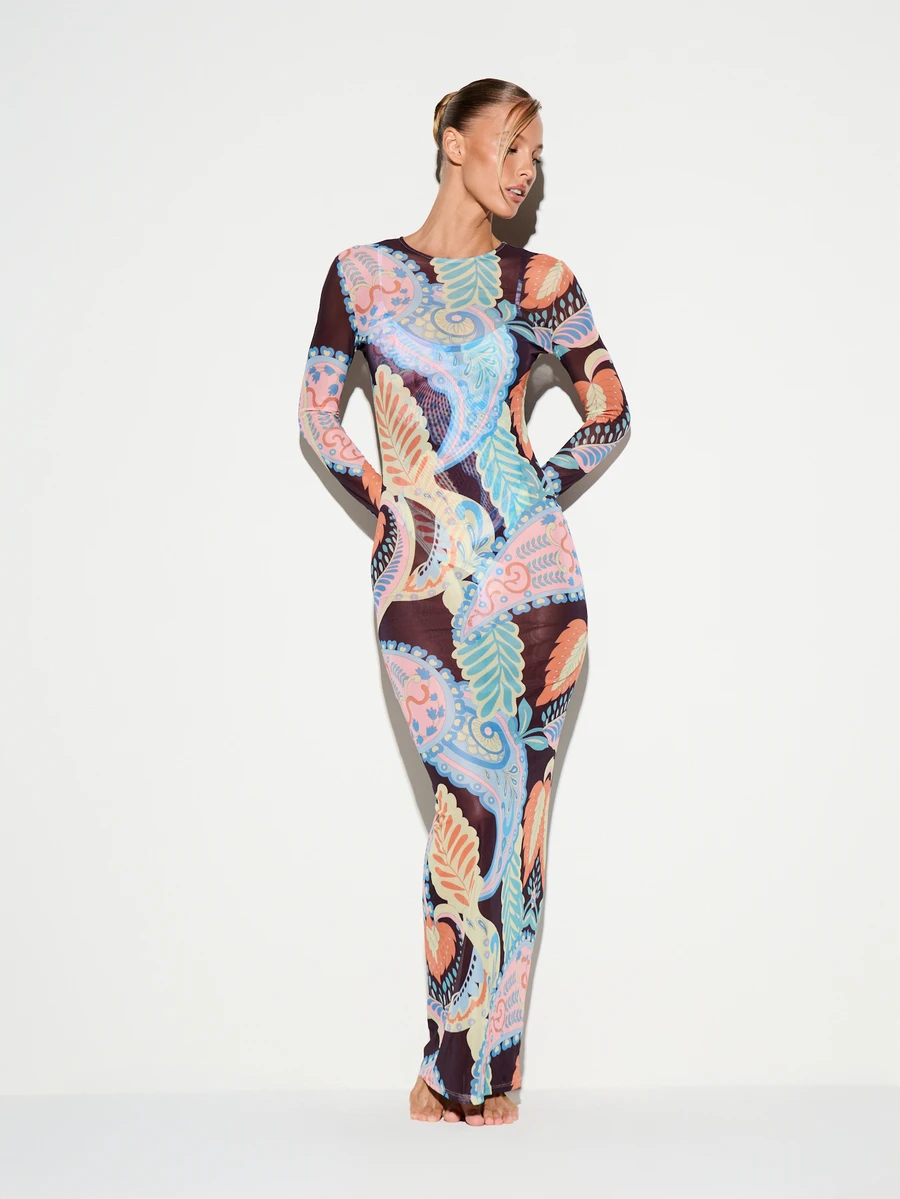 KIZN Paisley Print Mesh Dress Long Sleeve Crew Neck Bodycon Sheer Semi Transparent Summer Holiday Evening Gown - Multicolor - View 1