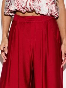 KIZN Satin Wide Leg Palazzo Pants High Rise Pleated Dress Trousers Holiday Party Evening Formal Full Length Side Pockets - Red - View 4