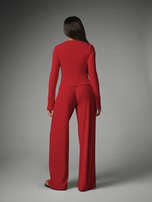 MISSGUIDED Ribbed Knit Co-Ord Set With Button-Up Cropped Cardigan And Wide-Leg Drawstring Palazzo Pants For Fall Winter Holiday Festive Occasions - Red - View 5