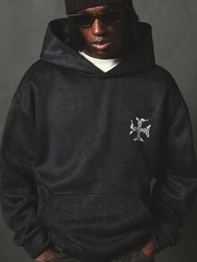SUMWON Oversized Washed Hoodie With Gothic Cross Logo Chest Print And Warrior Statue Back Graphic Streetwear Pullover Fall Winter - Black - View 4