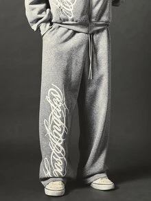 SUMWON Wide Leg Sweatpants With Oversized Cursive Script Leg Print Drawstring Waist Fleece Joggers Casual Streetwear Fall Winter - Grey - View 1