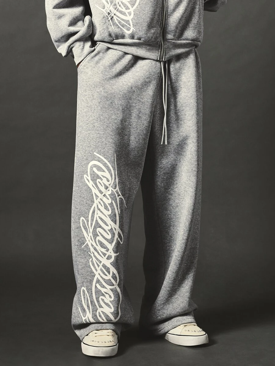 SUMWON Wide Leg Sweatpants With Oversized Cursive Script Leg Print Drawstring Waist Fleece Joggers Casual Streetwear Fall Winter - Grey - View 1