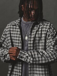 SUMWON Oversized Plaid Flannel Shirt With Angel Wing Back Graphic Print And Button Front Collared Long Sleeve Autumn Winter Streetwear - Black and White - View 4