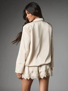MISSGUIDED Satin Lace Trim Jumpsuit Collared Wrap Blouse Long Sleeve Luxe Loungewear Bridal Party Valentine - Apricot - View 2