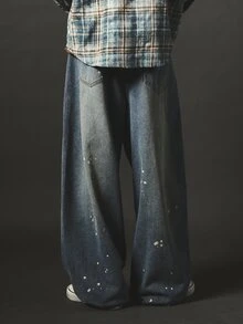 SUMWON Baggy Wide Leg Jeans With Paint Splatter Detail Medium Wash Distressed Denim Pants Vintage Street Style Fall Winter - Light Wash - View 4