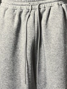 SUMWON Wide Leg Sweatpants With Bold Black Applique Script Leg Print Drawstring Waist Fleece Jogger Trousers Fall Winter Streetwear - Grey - View 5